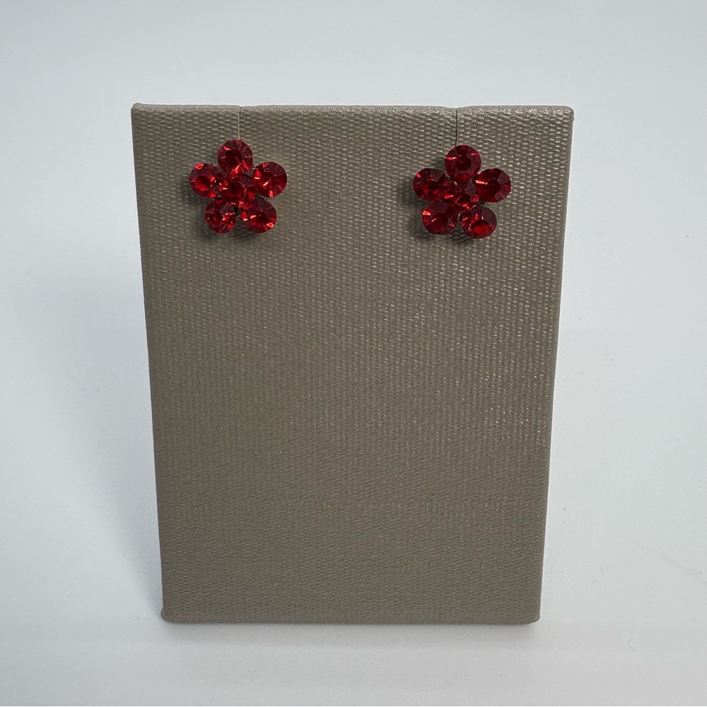 Silver Tone Red Crystal Rhinestone Flower Cluster Stud Earrings, Brand New